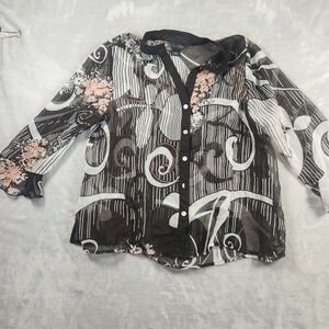 Investments Blouse Large Black Pink Floral Sheer Ruffle Flare Cottage Witchy
